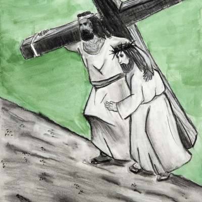 Fifth station of the cross. Simon of Cyrene helps Jesus carry the cross. Black and white sketch o...
