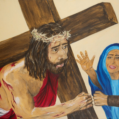 Fourth station of the cross. Jesus meets his mother. Mary is reaching out to Jesus who is carryin...