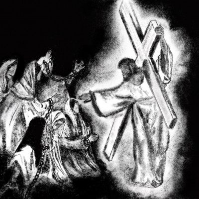 Eighth station of the cross. Jesus meets the women of Jerusalem. Black and white image of Jesus m...