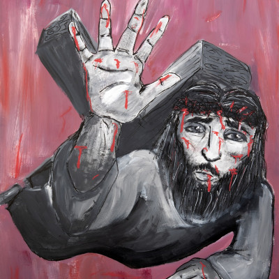 Ninth station of the cross. Jesus falls for a third time. Dark image of Jesus with hand outstretc...