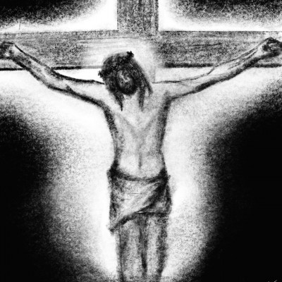 Twelfth station of the cross. Jesus dies on the cross. Image is black and white with Jesus hangin...